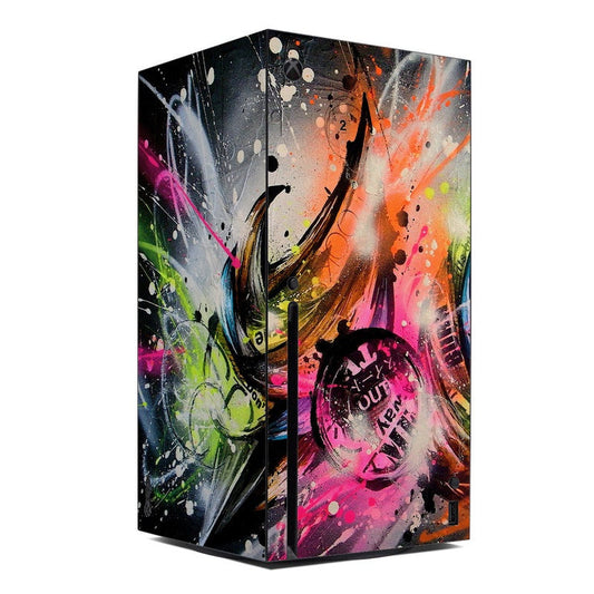 Xbox Series X skin with colorful graffiti splatter and abstract swirl artwork