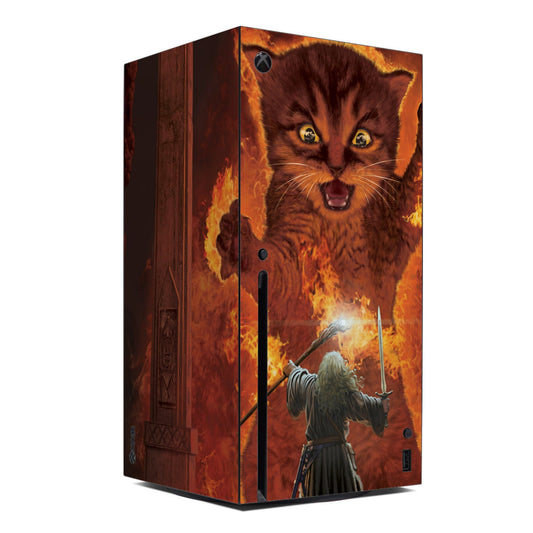 Xbox Series X console skin with fiery lion and wizard artwork, brown and orange
