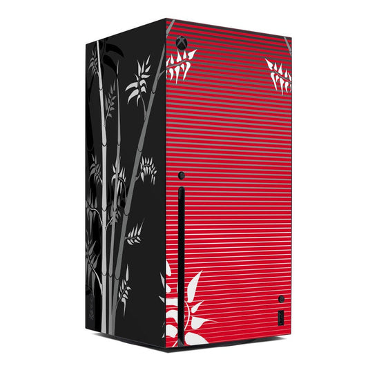 Xbox Series X console skin with red striped and black floral pattern, cutout openings.