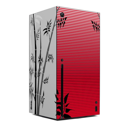 Xbox Series X console skin with red horizontal stripes and black bamboo graphics