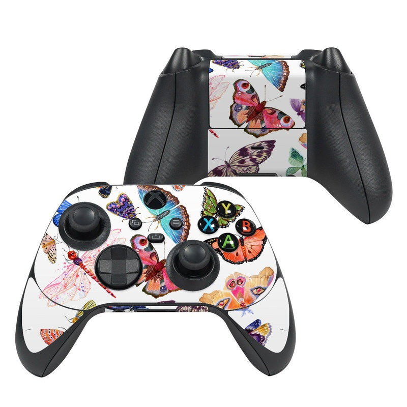 Xbox Series X controller skin, white butterfly scatter with colored buttons icons