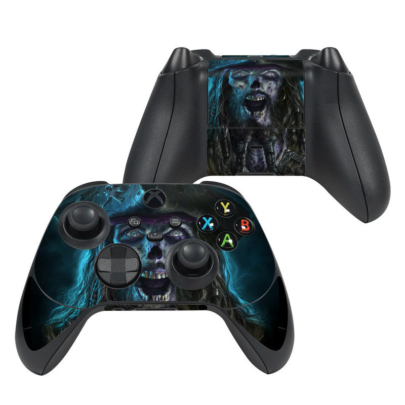 Xbox Series X controller skin with blue skull pirate artwork and colored face-button icons.