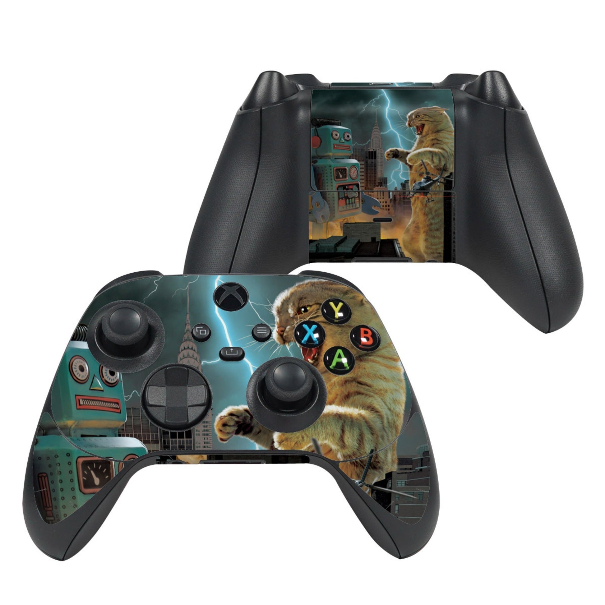 Xbox Series X controller skin with cat and robot graphic, lightning and button icons