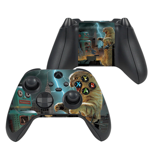 Xbox Series X controller skin with cat and robot graphic, lightning and button icons