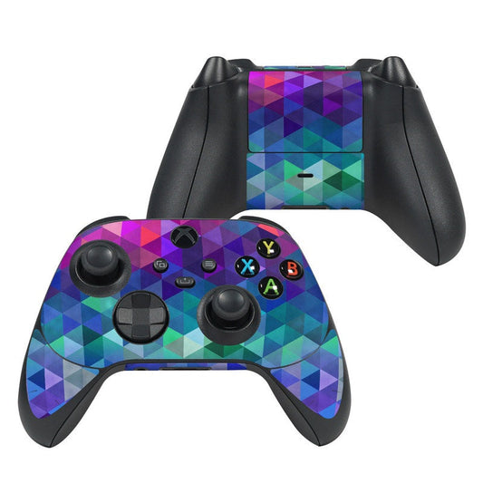 Xbox Series X controller skin with purple and teal geometric pattern