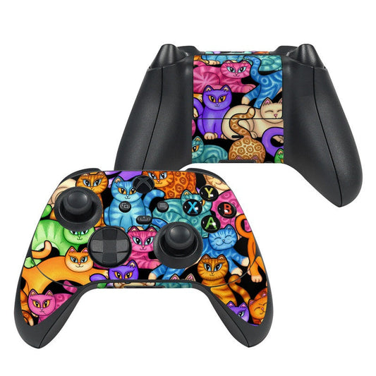 Xbox Series X controller skin with colorful cat and kitten pattern, covering grips and button area