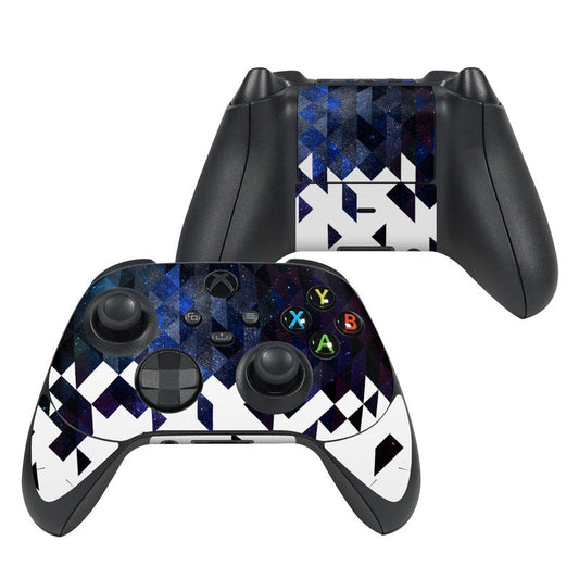 Xbox Series X controller skin with blue, black, and white geometric pattern and ABXY buttons