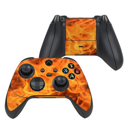 Xbox Series X controller skin with orange flame design over black buttons