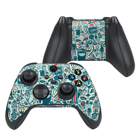 Xbox Series X controller skin with teal tech icons, black buttons and thumbsticks
