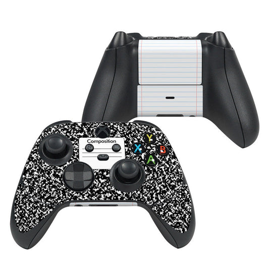 Composition notebook with black-and-white speckled Xbox controller skin and button icons
