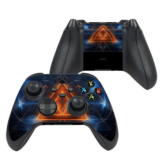 Xbox controller skin in blue with orange triangle pattern and ABXY button lights