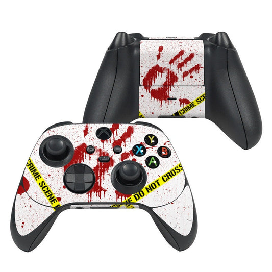 Xbox Series X controller skin with white, red splatter graphic and labeled face buttons