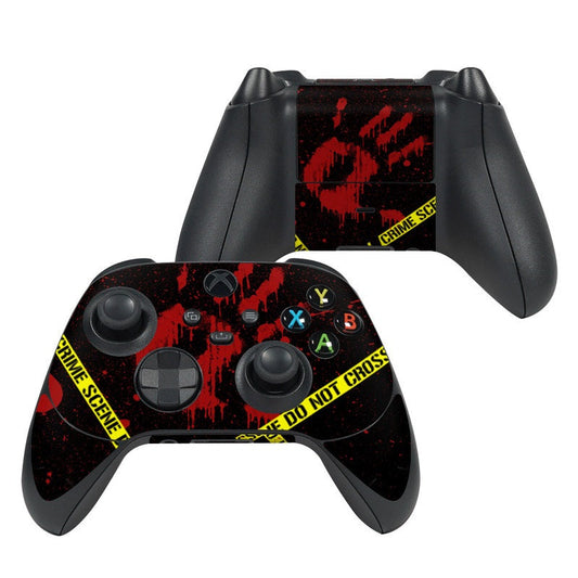 Xbox Series X controller skin, black with red splatter and yellow warning text