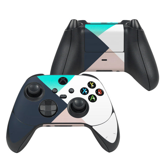 Xbox Series X controller skin with geometric turquoise, white, and navy pattern and button cutouts