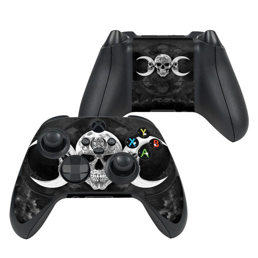 Xbox Series X controller skin, black with skull graphics and colorful button icons.