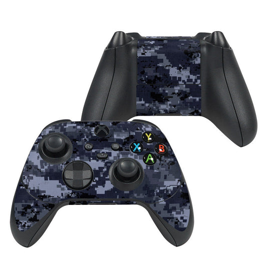 Digital navy camouflage controller skin for gamepad, with colorful button decals