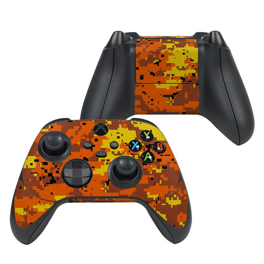 Orange digital camo Xbox controller skin with button and thumbstick cutouts