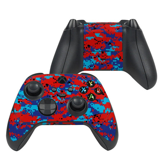 Microsoft Xbox Series X controller skin with red and blue digital camo and button cutouts