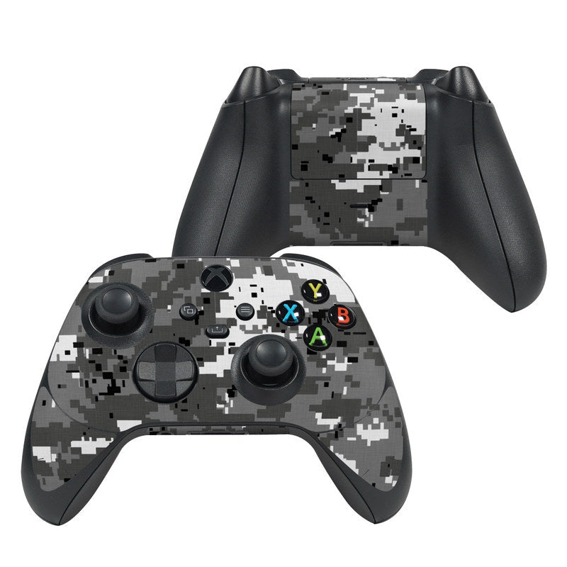 Xbox Series X controller skin with gray digital urban camo pattern, colored button icons