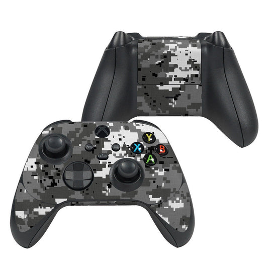 Xbox Series X controller skin with gray digital urban camo pattern, colored button icons