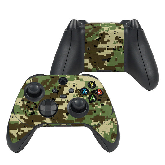 Xbox Series X controller skin with digital woodland camo and button cutouts