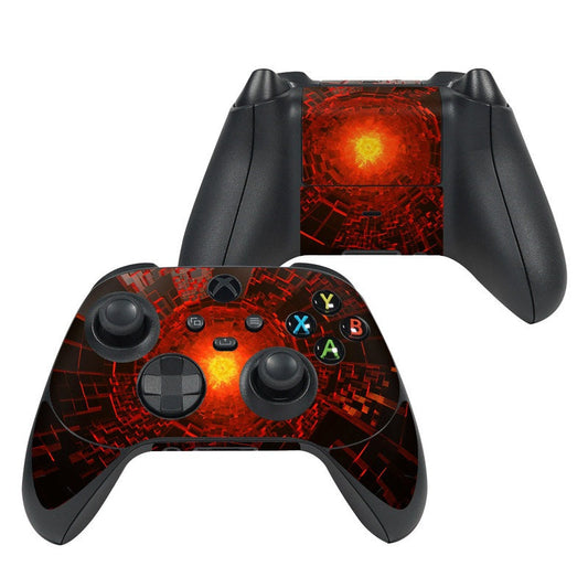 Xbox Series X controller skin with red and black flame circuit design