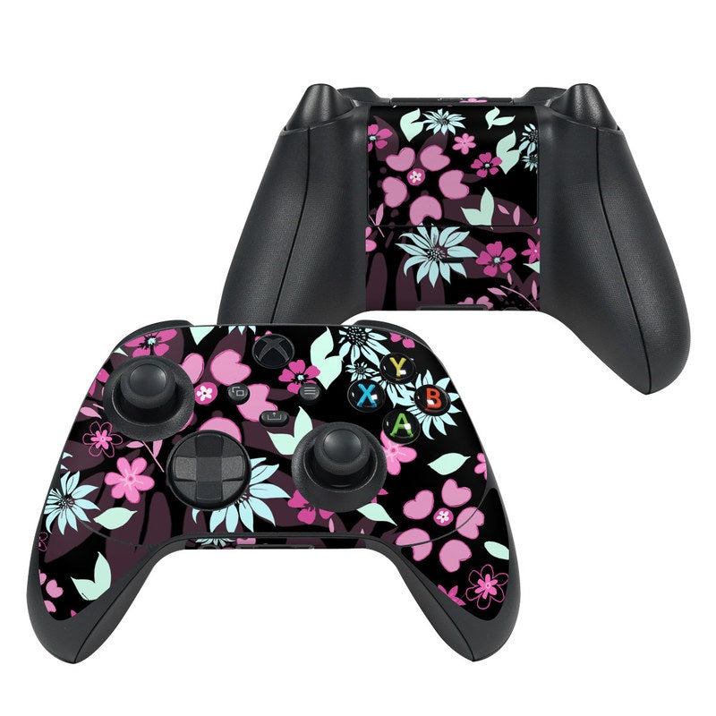 Xbox Series X controller skin with dark floral pink and teal pattern