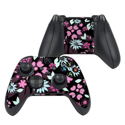 Xbox Series X controller skin with dark floral pink and teal pattern