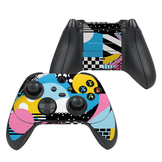 Xbox Series X controller skin with colorful abstract graphic, button icons and checkered design