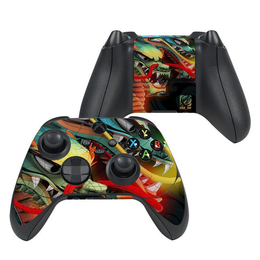 Xbox Series X controller skin with colorful dragon graphic, button and stick covers