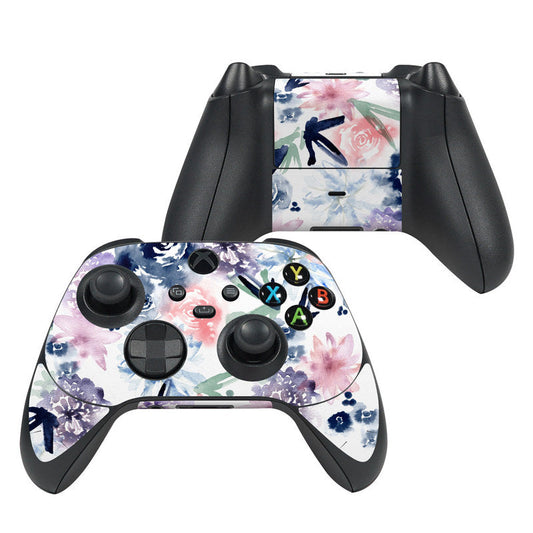 Xbox Series X controller skin with watercolor florals and colored button labels
