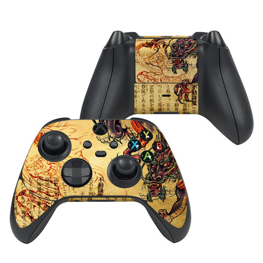 Xbox Series X controller skin with dragon artwork on gold background and colored button symbols