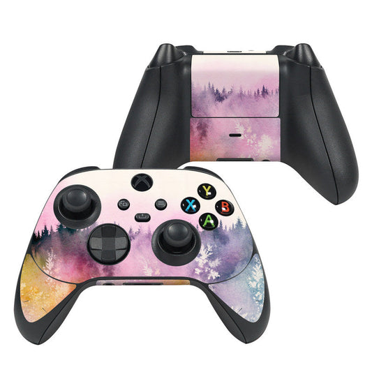 Xbox controller skin with purple forest landscape print and colored button icons