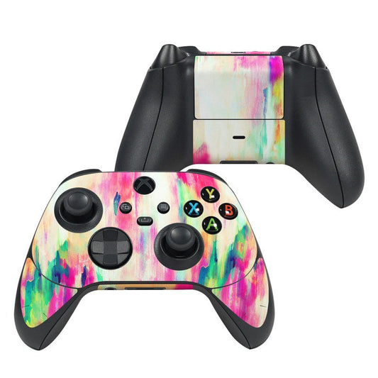 Xbox Series X controller skin with colorful electric haze paint-splash artwork