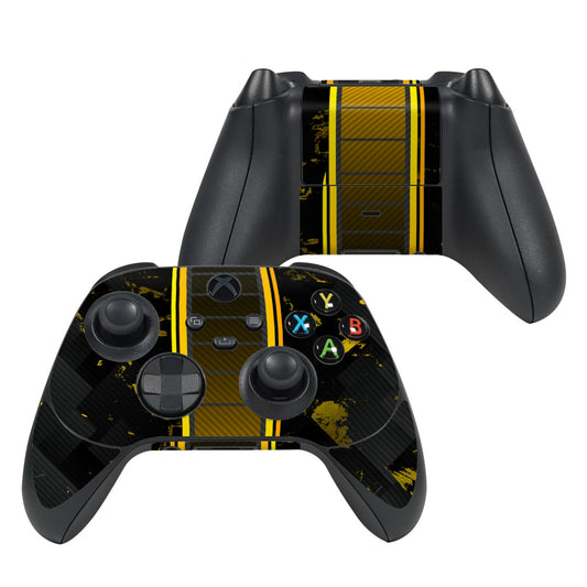 Xbox Series X controller skin, black carbon-fiber with yellow racing stripes