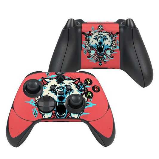 Xbox Series X controller skin with red wolf graphic, black grips and button icons