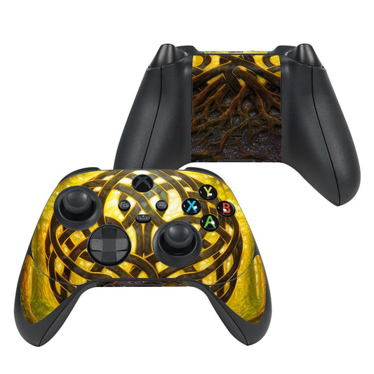 Xbox Series X controller skin with gold and dark woodland swirl graphics and colored button icons