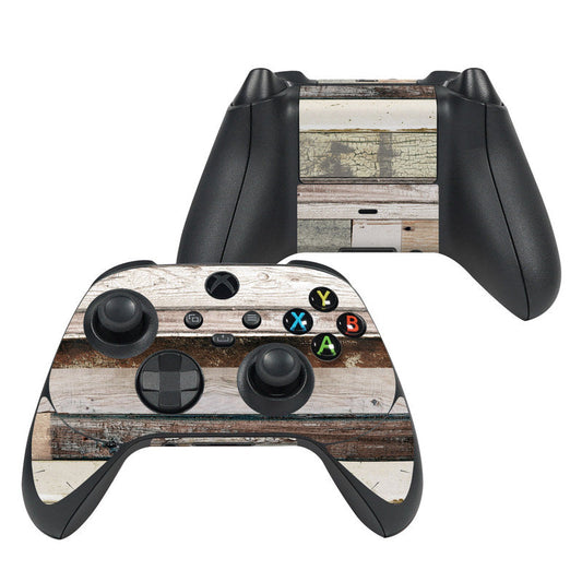 Wood-grain Xbox Series X controller skin with button and thumbstick cutouts