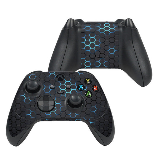Black Xbox controller skin with blue hexagon pattern and button cutouts