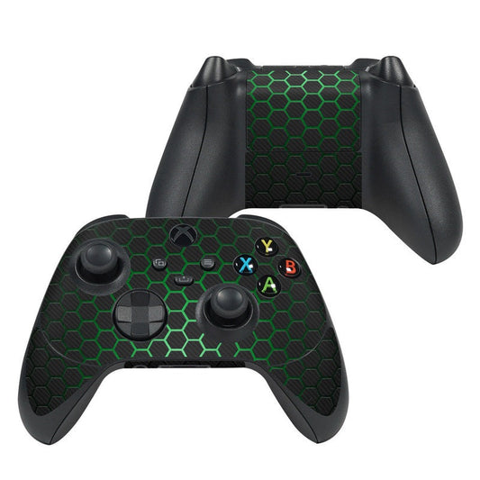 Xbox controller skin set with black base and green hex grid design