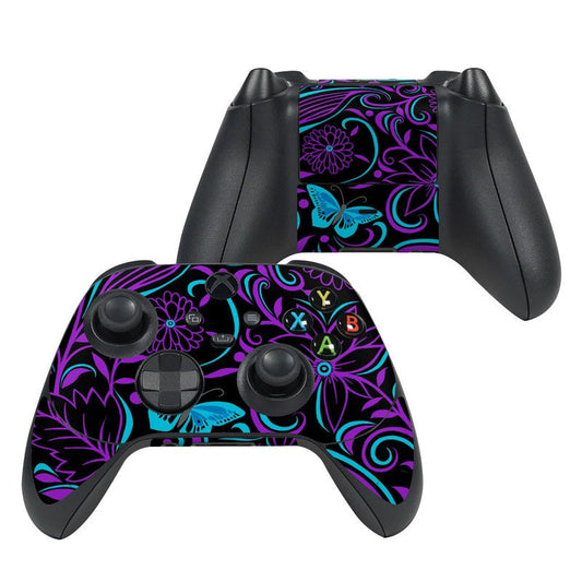 Xbox Series X controller skin with purple and teal floral and butterfly graphics