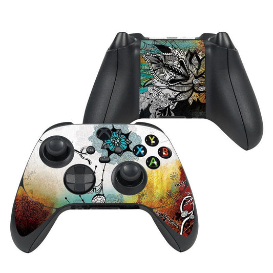 Xbox Series X controller skin with colorful floral mandala design and face-button icons
