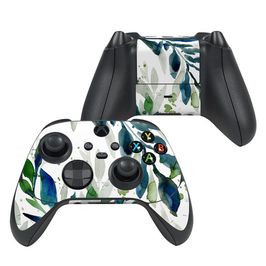 Xbox Series X controller skin with blue and green leaf graphic and button cutouts