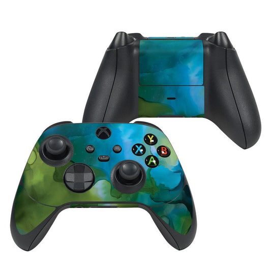 Xbox controller skin with teal and green marbled design covering face and grips