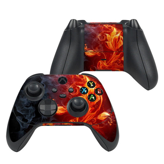 Xbox controller skin with red-orange flame swirl and colored button icons