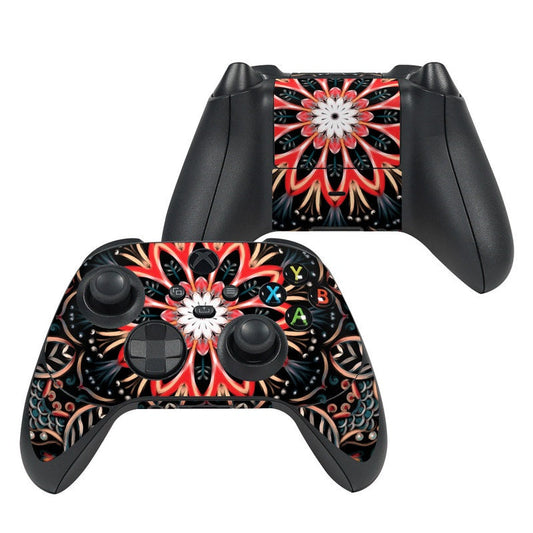 Xbox Series X controller skin in black with red and white floral mandala pattern