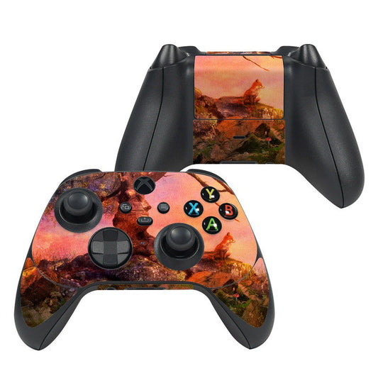 Xbox Series X controller skin with fox sunset scene over black grip panels