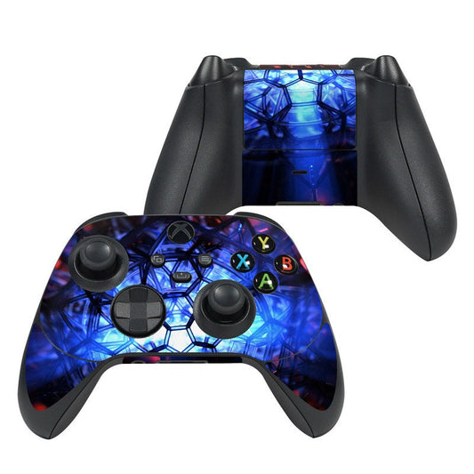 Xbox Series X controller skin with blue geometric pattern, thumbsticks and buttons covered