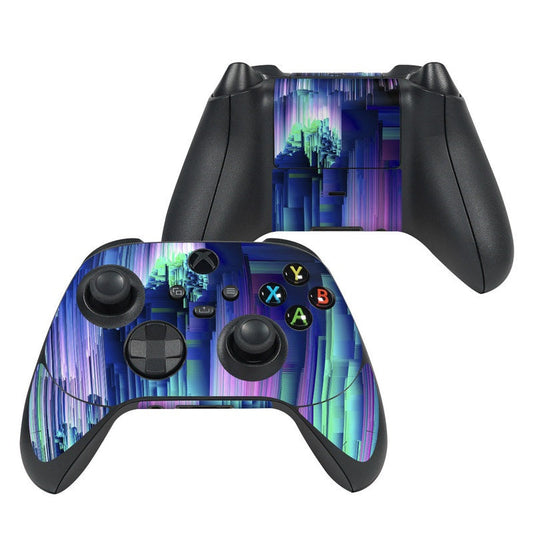 Xbox Series X controller skin with blue purple glitch pattern and colored button labels