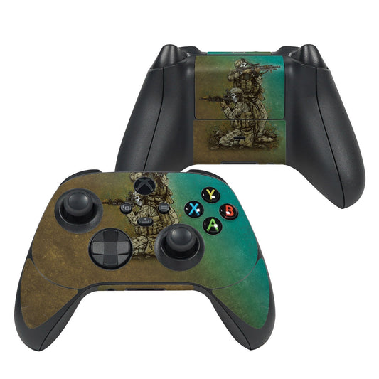 Xbox Series X controller skin with soldier graphic and green ABXY button accents
